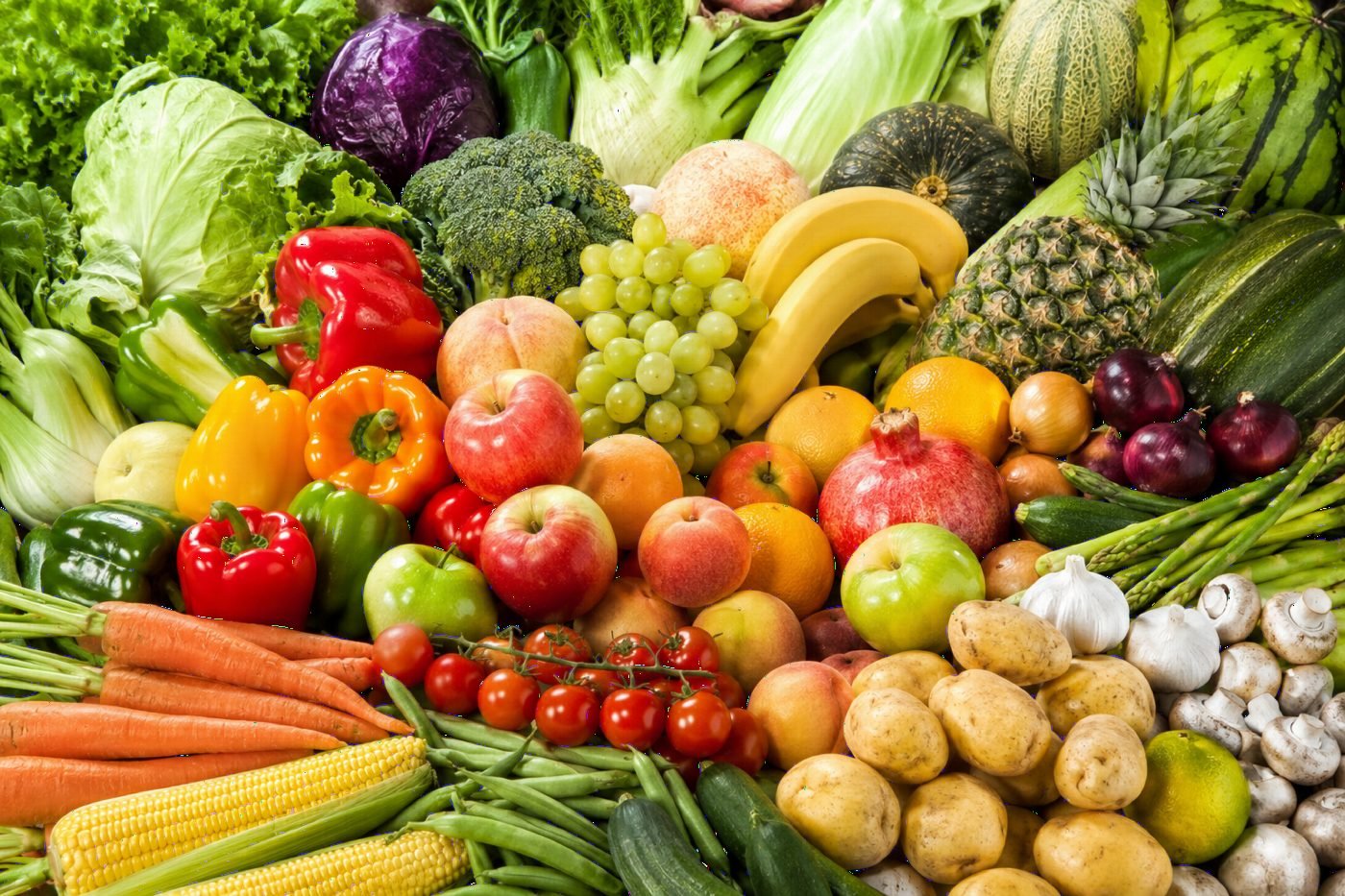 Fresh fruit and vegetables — peppers, apples, pomegranate, bananas, citrus and greens